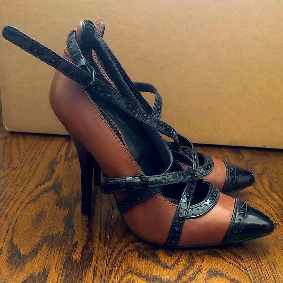 TORY BURCH Women’s Judith Honey Brown and Black Size 9M Stiletto Heels - Picture 6 of 15